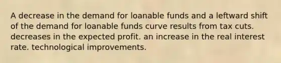 A decrease in the demand for loanable funds and a leftward shift of the demand for loanable funds curve results from tax cuts. decreases in the expected profit. an increase in the real interest rate. technological improvements.