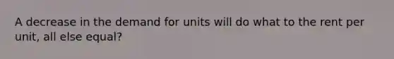 A decrease in the demand for units will do what to the rent per unit, all else equal?