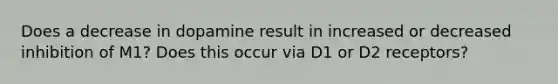 Does a decrease in dopamine result in increased or decreased inhibition of M1? Does this occur via D1 or D2 receptors?