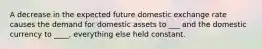 A decrease in the expected future domestic exchange rate causes the demand for domestic assets to ___ and the domestic currency to ____, everything else held constant.