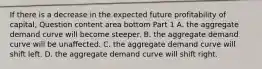 If there is a decrease in the expected future profitability of​ capital, Question content area bottom Part 1 A. the aggregate demand curve will become steeper. B. the aggregate demand curve will be unaffected. C. the aggregate demand curve will shift left. D. the aggregate demand curve will shift right.