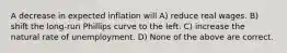 A decrease in expected inflation will A) reduce real wages. B) shift the long-run Phillips curve to the left. C) increase the natural rate of unemployment. D) None of the above are correct.