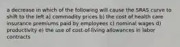 a decrease in which of the following will cause the SRAS curve to shift to the left a) commodity prices b) the cost of health care insurance premiums paid by employees c) nominal wages d) productivity e) the use of cost-of-living allowances in labor contracts