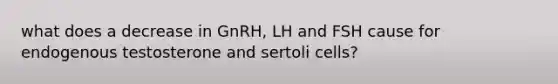 what does a decrease in GnRH, LH and FSH cause for endogenous testosterone and sertoli cells?