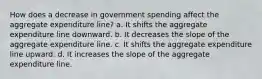 How does a decrease in government spending affect the aggregate expenditure line? a. It shifts the aggregate expenditure line downward. b. It decreases the slope of the aggregate expenditure line. c. It shifts the aggregate expenditure line upward. d. It increases the slope of the aggregate expenditure line.