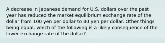 A decrease in Japanese demand for U.S. dollars over the past year has reduced the market equilibrium exchange rate of the dollar from 100 yen per dollar to 80 yen per dollar. Other things being equal, which of the following is a likely consequence of the lower exchange rate of the dollar?