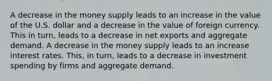 A decrease in the money supply leads to an increase in the value of the U.S. dollar and a decrease in the value of foreign currency. This in​ turn, leads to a decrease in net exports and aggregate demand. A decrease in the money supply leads to an increase interest rates. ​This, in​ turn, leads to a decrease in investment spending by firms and aggregate demand.