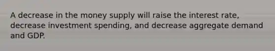 A decrease in the money supply will raise the interest rate, decrease investment spending, and decrease aggregate demand and GDP.