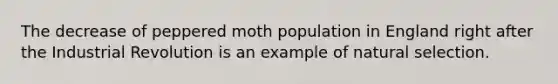 The decrease of peppered moth population in England right after the Industrial Revolution is an example of natural selection.