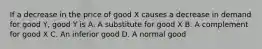 If a decrease in the price of good X causes a decrease in demand for good Y, good Y is A. A substitute for good X B. A complement for good X C. An inferior good D. A normal good