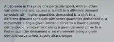 A decrease in the price of a particular good, with all other variables constant, causes a. a shift to a different demand schedule with higher quantities demanded b. a shift to a different demand schedule with lower quantities demanded c. a movement along a given demand curve to a lower quantity demanded d. a movement along a given demand curve to a higher quantity demanded e. no movement along a given demand curve unless supply also changes