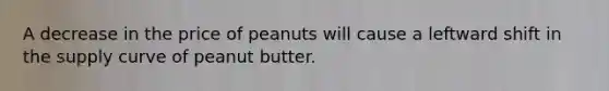 A decrease in the price of peanuts will cause a leftward shift in the supply curve of peanut butter.