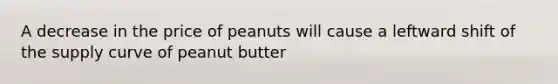 A decrease in the price of peanuts will cause a leftward shift of the supply curve of peanut butter