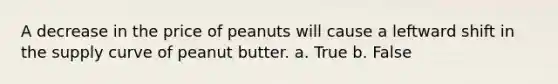 A decrease in the price of peanuts will cause a leftward shift in the supply curve of peanut butter. a. True b. False