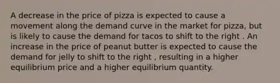 A decrease in the price of pizza is expected to cause a movement along the demand curve in the market for pizza, but is likely to cause the demand for tacos to shift to the right . An increase in the price of peanut butter is expected to cause the demand for jelly to shift to the right , resulting in a higher equilibrium price and a higher equilibrium quantity.