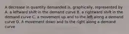 A decrease in quantity demanded is, graphically, represented by A. a leftward shift in the demand curve B. a rightward shift in the demand curve C. a movement up and to the left along a demand curve D. A movement down and to the right along a demand curve