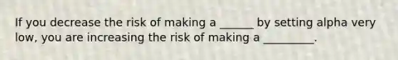 If you decrease the risk of making a ______ by setting alpha very low, you are increasing the risk of making a _________.