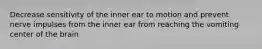 Decrease sensitivity of the inner ear to motion and prevent nerve impulses from the inner ear from reaching the vomiting center of the brain