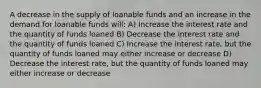 A decrease in the supply of loanable funds and an increase in the demand for loanable funds will: A) Increase the interest rate and the quantity of funds loaned B) Decrease the interest rate and the quantity of funds loaned C) Increase the interest rate, but the quantity of funds loaned may either increase or decrease D) Decrease the interest rate, but the quantity of funds loaned may either increase or decrease