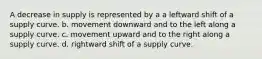 A decrease in supply is represented by a a leftward shift of a supply curve. b. movement downward and to the left along a supply curve. c. movement upward and to the right along a supply curve. d. rightward shift of a supply curve.