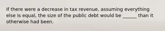 If there were a decrease in tax revenue, assuming everything else is equal, the size of the public debt would be ______ than it otherwise had been.