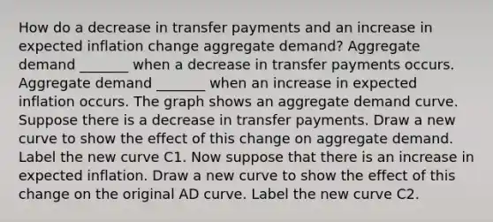 How do a decrease in transfer payments and an increase in expected inflation change aggregate​ demand? Aggregate demand​ _______ when a decrease in transfer payments occurs. Aggregate demand​ _______ when an increase in expected inflation occurs. The graph shows an aggregate demand curve. Suppose there is a decrease in transfer payments. Draw a new curve to show the effect of this change on aggregate demand. Label the new curve C1. Now suppose that there is an increase in expected inflation. Draw a new curve to show the effect of this change on the original AD curve. Label the new curve C2.