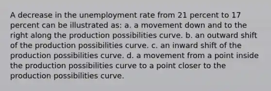 A decrease in the unemployment rate from 21 percent to 17 percent can be illustrated as: a. ​a movement down and to the right along the production possibilities curve. b. ​an outward shift of the production possibilities curve. c. ​an inward shift of the production possibilities curve. d. ​a movement from a point inside the production possibilities curve to a point closer to the production possibilities curve.