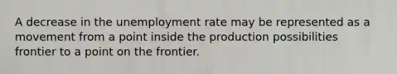 A decrease in the unemployment rate may be represented as a movement from a point inside the production possibilities frontier to a point on the frontier.