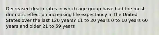 Decreased death rates in which age group have had the most dramatic effect on increasing life expectancy in the United States over the last 120 years? 11 to 20 years 0 to 10 years 60 years and older 21 to 59 years