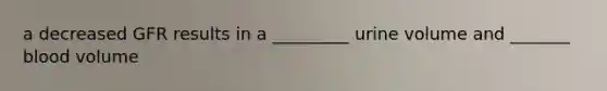 a decreased GFR results in a _________ urine volume and _______ blood volume
