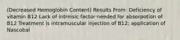 (Decreased Hemoglobin Content) Results From: Deficiency of vitamin B12 Lack of intrinsic factor needed for absorpotion of B12 Treatment is intramuscular injection of B12; application of Nascobal