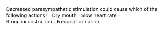 Decreased parasympathetic stimulation could cause which of the following actions? - Dry mouth - Slow heart rate - Bronchoconstriction - Frequent urination