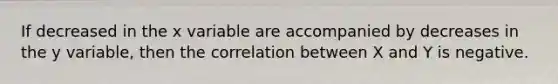 If decreased in the x variable are accompanied by decreases in the y variable, then the correlation between X and Y is negative.