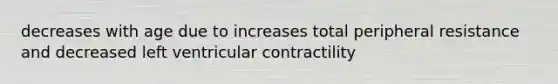 decreases with age due to increases total peripheral resistance and decreased left ventricular contractility