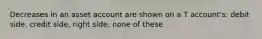 Decreases in an asset account are shown on a T account's: debit side, credit side, right side, none of these