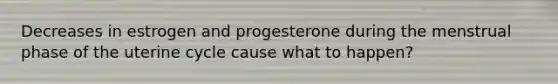 Decreases in estrogen and progesterone during the menstrual phase of the uterine cycle cause what to happen?