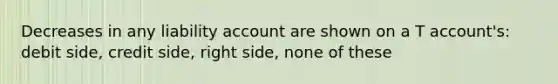 Decreases in any liability account are shown on a T account's: debit side, credit side, right side, none of these