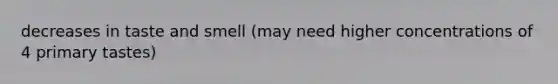 decreases in taste and smell (may need higher concentrations of 4 primary tastes)