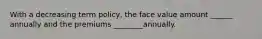 With a decreasing term policy, the face value amount ______ annually and the premiums ________annually.