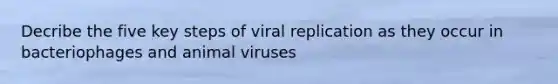 Decribe the five key steps of viral replication as they occur in bacteriophages and animal viruses