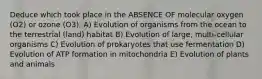 Deduce which took place in the ABSENCE OF molecular oxygen (O2) or ozone (O3). A) Evolution of organisms from the ocean to the terrestrial (land) habitat B) Evolution of large, multi-cellular organisms C) Evolution of prokaryotes that use fermentation D) Evolution of ATP formation in mitochondria E) Evolution of plants and animals