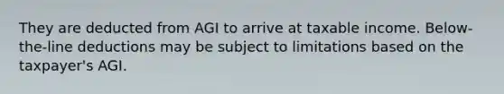 They are deducted from AGI to arrive at taxable income. Below-the-line deductions may be subject to limitations based on the taxpayer's AGI.