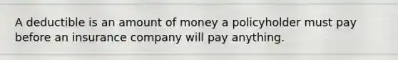 A deductible is an amount of money a policyholder must pay before an insurance company will pay anything.