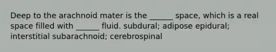 Deep to the arachnoid mater is the ______ space, which is a real space filled with ______ fluid. subdural; adipose epidural; interstitial subarachnoid; cerebrospinal