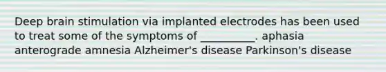 Deep brain stimulation via implanted electrodes has been used to treat some of the symptoms of __________. aphasia anterograde amnesia Alzheimer's disease Parkinson's disease