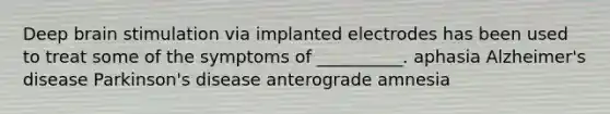 Deep brain stimulation via implanted electrodes has been used to treat some of the symptoms of __________. aphasia <a href='https://www.questionai.com/knowledge/kn4Mm8ylbN-alzheimers-disease' class='anchor-knowledge'>alzheimer's disease</a> <a href='https://www.questionai.com/knowledge/kOxY4Ts9Rw-parkinsons-disease' class='anchor-knowledge'>parkinson's disease</a> anterograde amnesia