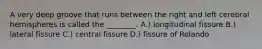 A very deep groove that runs between the right and left cerebral hemispheres is called the ________. A.) longitudinal fissure B.) lateral fissure C.) central fissure D.) fissure of Rolando