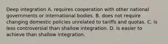 Deep integration A. requires cooperation with other national governments or international bodies. B. does not require changing domestic policies unrelated to tariffs and quotas. C. is less controversial than shallow integration. D. is easier to achieve than shallow integration.