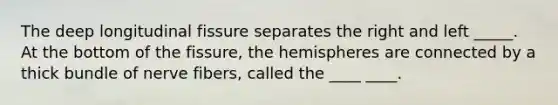 The deep longitudinal fissure separates the right and left _____. At the bottom of the fissure, the hemispheres are connected by a thick bundle of nerve fibers, called the ____ ____.