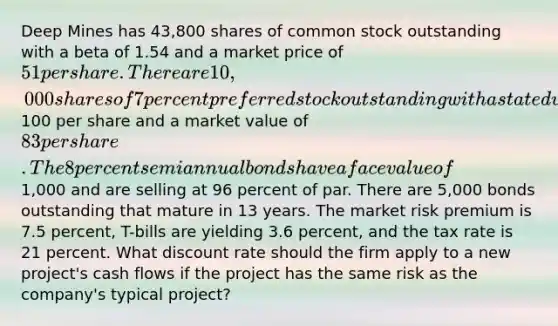 Deep Mines has 43,800 shares of common stock outstanding with a beta of 1.54 and a market price of 51 per share. There are 10,000 shares of 7 percent preferred stock outstanding with a stated value of100 per share and a market value of 83 per share. The 8 percent semiannual bonds have a face value of1,000 and are selling at 96 percent of par. There are 5,000 bonds outstanding that mature in 13 years. The market risk premium is 7.5 percent, T-bills are yielding 3.6 percent, and the tax rate is 21 percent. What discount rate should the firm apply to a new project's cash flows if the project has the same risk as the company's typical project?